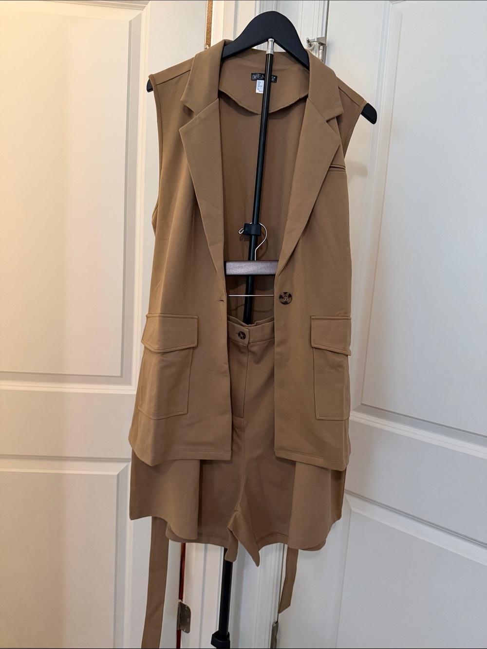 VENUS Tan Sleeveless Tailored Vest with Matching Shorts Set